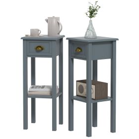 HOMCOM 2-Tier Side Table Set of 2, with Drawer and Shelf, End Tables for Living Room, Hallway, Gray