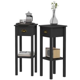 HOMCOM 2-Tier Side Tables Set of 2 with Drawer Shelf, 2 Pieces End Tables for Living Room Hallway, Black