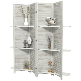 HOMCOM 4 Panel 67" Tall Wood Privacy Screen Room Divider with 3 Shelves and Folding Storage for Bedroom, Distressed White