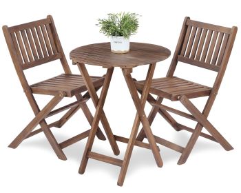 3-Piece Acacia Wood Bistro Set, Wooden Folding Patio Furniture for Garden Backyard Balcony Porch w/ 1 Coffee Table and 2 Foldable Chairs