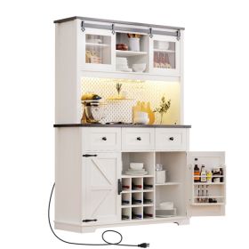 71" Farmhosue Pantry Bar Cabinet with Internal Storage Rack,Kitchen Cabinet with Hutch,Sliding Door,Power Outlet,Pegboard,Wine & Glasses Rack