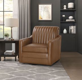 Luxurious Brown Swivel Chair Breathable Faux Leather Upholstered Channel Stitched Back Living Room Furniture 1pc