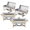 8 Qt 4 Pack Rectangle Chafing Dish Buffet Set Full Size Pan Stainless Steel Gold