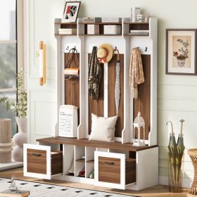 5-in-1 Entryway Bench with Coat Rack, 7 Sturdy Hooks, 2 Spacious Drawers and Adjustable Shelves, 58.8'' Wide Hall Tree with Metal Handles for Hal