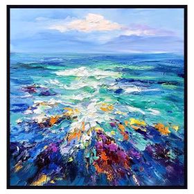Modern Artist Painted Abstract Dark Blue Sea Oil Painting On Canvas Wall Art Frameless Picture Decor For Living Room Home Gift (size: 100x100cm)