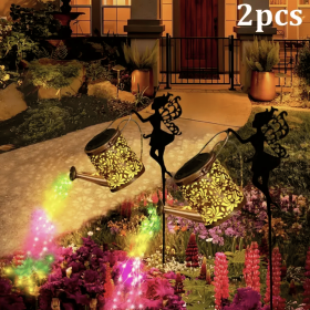 Outdoor Solar Watering Can with Lights Garden Decor Large Solar Powered Lanterns Hanging Waterproof LED Decorative Retro Metal Kettle String Lights fo (Color: RGB 2 PCS)